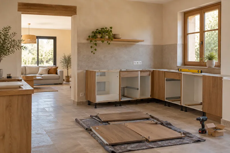 Visualización conceptual IA: Módulos de cocina en montaje con puertas pendientes de colocar.